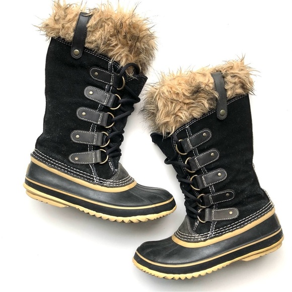 Sorel Joan of Arctic Black Suede Winter Boots Faux Fur Trim Tall Lace Up Boot - Picture 2 of 11